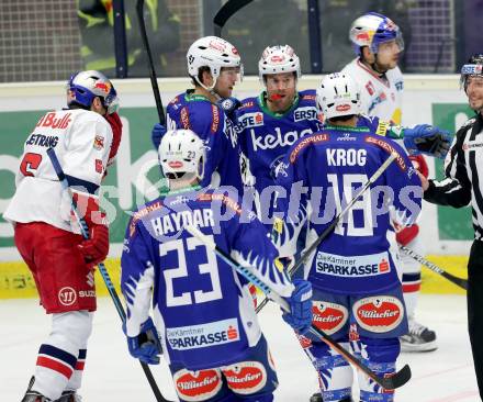 EBEL. Eishockey Bundesliga. EC VSV gegen EC Red Bull Salzburg. Torjubel John Lammers, Darren Haydar, Jason Krog, Mario Altmann (VSV). Villach, am 9.1.2015.
Foto: Kuess 


---
pressefotos, pressefotografie, kuess, qs, qspictures, sport, bild, bilder, bilddatenbank