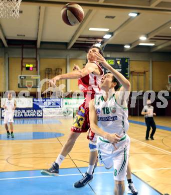 Basketball 2.Bundesliga 2014/15 Grunddurchgang 14.Runde. KOS Celovec gegen Dragons St. Poelten. Simon Pasterk,  (KOS), Martin Speiser (Dragons). Klagenfurt, 10.1.2015.
Foto: Kuess
---
pressefotos, pressefotografie, kuess, qs, qspictures, sport, bild, bilder, bilddatenbank