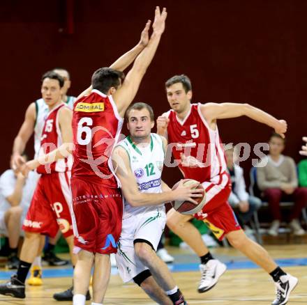 Basketball 2.Bundesliga 2014/15 Grunddurchgang 14.Runde. KOS Celovec gegen Dragons St. Poelten. Fabian Gallob,  (KOS), Jasmin Marevac (Dragons). Klagenfurt, 10.1.2015.
Foto: Kuess
---
pressefotos, pressefotografie, kuess, qs, qspictures, sport, bild, bilder, bilddatenbank