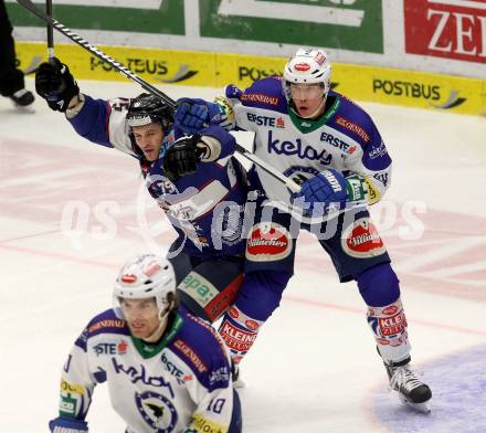 EBEL. Eishockey Bundesliga. EC VSV gegen SAPA Fehervar AV19. Geoff Waugh,  (VSV), Jeff Lovecchio (Alba Volan). Villach, am 11.1.2015.
Foto: Kuess 


---
pressefotos, pressefotografie, kuess, qs, qspictures, sport, bild, bilder, bilddatenbank