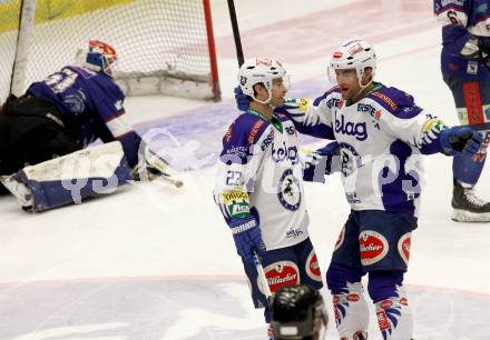 EBEL. Eishockey Bundesliga. EC VSV gegen SAPA Fehervar AV19.  Torjubel Darren Haydar, John Lammers (VSV). Villach, am 11.1.2015.
Foto: Kuess 


---
pressefotos, pressefotografie, kuess, qs, qspictures, sport, bild, bilder, bilddatenbank