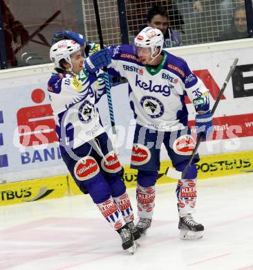 EBEL. Eishockey Bundesliga. EC VSV gegen SAPA Fehervar AV19. torjubel Brock McBride, Marco Pewal (VSV). Villach, am 11.1.2015.
Foto: Kuess 


---
pressefotos, pressefotografie, kuess, qs, qspictures, sport, bild, bilder, bilddatenbank