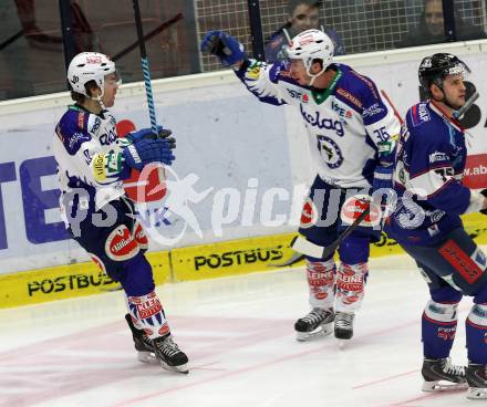 EBEL. Eishockey Bundesliga. EC VSV gegen SAPA Fehervar AV19. torjubel Brock McBride, Marco Pewal (VSV). Villach, am 11.1.2015.
Foto: Kuess 


---
pressefotos, pressefotografie, kuess, qs, qspictures, sport, bild, bilder, bilddatenbank