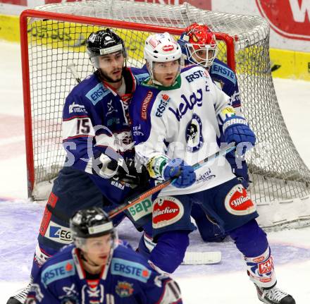 EBEL. Eishockey Bundesliga. EC VSV gegen SAPA Fehervar AV19. Benjamin Petrik,  (VSV), Arnold Varga (Alba Volan). Villach, am 11.1.2015.
Foto: Kuess 


---
pressefotos, pressefotografie, kuess, qs, qspictures, sport, bild, bilder, bilddatenbank