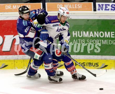 EBEL. Eishockey Bundesliga. EC VSV gegen SAPA Fehervar AV19. Stefan Bacher,  (VSV), Istvan Bartalis (Alba Volan). Villach, am 11.1.2015.
Foto: Kuess 


---
pressefotos, pressefotografie, kuess, qs, qspictures, sport, bild, bilder, bilddatenbank