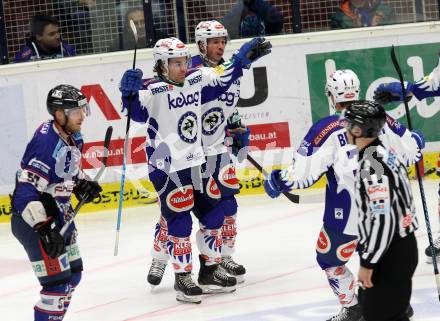 EBEL. Eishockey Bundesliga. EC VSV gegen SAPA Fehervar AV19. Torjubel Brock McBride, Marco Pewal, Nico Brunner (VSV). Villach, am 11.1.2015.
Foto: Kuess 


---
pressefotos, pressefotografie, kuess, qs, qspictures, sport, bild, bilder, bilddatenbank