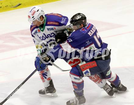 EBEL. Eishockey Bundesliga. EC VSV gegen SAPA Fehervar AV19. Jason Krog,  (VSV), Brandon Marino (Alba Volan). Villach, am 11.1.2015.
Foto: Kuess 


---
pressefotos, pressefotografie, kuess, qs, qspictures, sport, bild, bilder, bilddatenbank