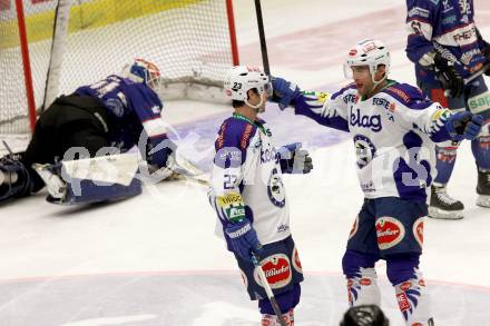 EBEL. Eishockey Bundesliga. EC VSV gegen SAPA Fehervar AV19. Torjubel Darren Haydar, John Lammers (VSV). Villach, am 11.1.2015.
Foto: Kuess 


---
pressefotos, pressefotografie, kuess, qs, qspictures, sport, bild, bilder, bilddatenbank