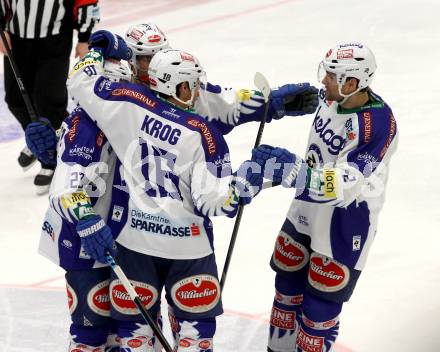 EBEL. Eishockey Bundesliga. EC VSV gegen SAPA Fehervar AV19. torjubel Darren Haydar, John Lammers, Jason Krog (VSV). Villach, am 11.1.2015.
Foto: Kuess 


---
pressefotos, pressefotografie, kuess, qs, qspictures, sport, bild, bilder, bilddatenbank