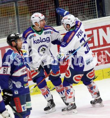 EBEL. Eishockey Bundesliga. EC VSV gegen SAPA Fehervar AV19. Torjubel Mark Santorelli, Marco Pewal,  (VSV). Villach, am 11.1.2015.
Foto: Kuess 


---
pressefotos, pressefotografie, kuess, qs, qspictures, sport, bild, bilder, bilddatenbank