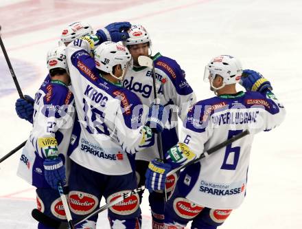 EBEL. Eishockey Bundesliga. EC VSV gegen SAPA Fehervar AV19. torjubel Darren Haydar, John Lammers, Jason Krog, UNTERLUGGAUER Gerhard (VSV). Villach, am 11.1.2015.
Foto: Kuess 


---
pressefotos, pressefotografie, kuess, qs, qspictures, sport, bild, bilder, bilddatenbank