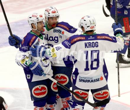 EBEL. Eishockey Bundesliga. EC VSV gegen SAPA Fehervar AV19. torjubel Darren Haydar, John Lammers, Jason Krog (VSV). Villach, am 11.1.2015.
Foto: Kuess 


---
pressefotos, pressefotografie, kuess, qs, qspictures, sport, bild, bilder, bilddatenbank