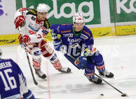 EBEL. Eishockey Bundesliga. EC VSV gegen KAC. Stefan Bacher, (VSV), Florian Kurath  (KAC). Villach, am 18.1.2015.
Foto: Kuess 


---
pressefotos, pressefotografie, kuess, qs, qspictures, sport, bild, bilder, bilddatenbank