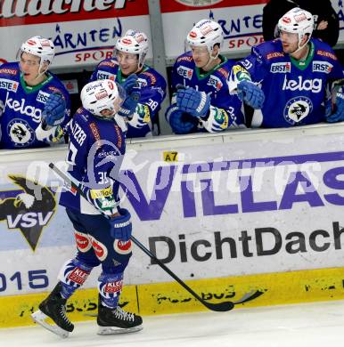 EBEL. Eishockey Bundesliga. EC VSV gegen KAC. Torjubel Patrick Platzer (VSV). Villach, am 18.1.2015.
Foto: Kuess 


---
pressefotos, pressefotografie, kuess, qs, qspictures, sport, bild, bilder, bilddatenbank