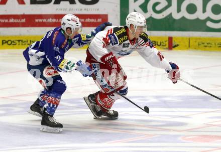 EBEL. Eishockey Bundesliga. EC VSV gegen KAC. Patrick Platzer,  (VSV), Thomas Vallant (KAC). Villach, am 18.1.2015.
Foto: Kuess 


---
pressefotos, pressefotografie, kuess, qs, qspictures, sport, bild, bilder, bilddatenbank