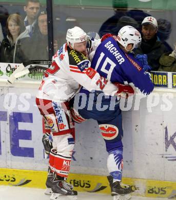 EBEL. Eishockey Bundesliga. EC VSV gegen KAC. Stefan Bacher, (VSV), Thomas Poeck  (KAC). Villach, am 18.1.2015.
Foto: Kuess 


---
pressefotos, pressefotografie, kuess, qs, qspictures, sport, bild, bilder, bilddatenbank