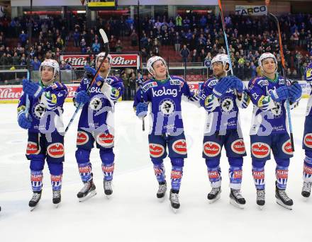 EBEL. Eishockey Bundesliga. EC VSV gegen KAC. Jubel Brock McBride, Eric Hunter, Patrick Platzer, Jason Krog, Nico Brunner (VSV). Villach, am 18.1.2015.
Foto: Kuess 


---
pressefotos, pressefotografie, kuess, qs, qspictures, sport, bild, bilder, bilddatenbank