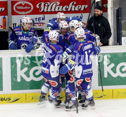 EBEL. Eishockey Bundesliga. EC VSV gegen KAC. Torjubel Cole Jarrett, Jason Krog, Gerhard Unterluggauer, John Lammers, Eric Hunter (VSV). Villach, am 18.1.2015.
Foto: Kuess 


---
pressefotos, pressefotografie, kuess, qs, qspictures, sport, bild, bilder, bilddatenbank