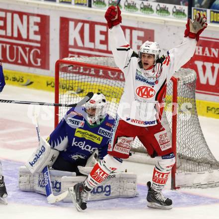 EBEL. Eishockey Bundesliga. EC VSV gegen KAC.  Torjubel Lukas Pither (KAC). Villach, am 18.1.2015.
Foto: Kuess 


---
pressefotos, pressefotografie, kuess, qs, qspictures, sport, bild, bilder, bilddatenbank