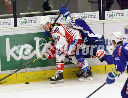 EBEL. Eishockey Bundesliga. EC VSV gegen KAC. Stefan Bacher,  (VSV), Oliver Setzinger (KAC). Villach, am 18.1.2015.
Foto: Kuess 


---
pressefotos, pressefotografie, kuess, qs, qspictures, sport, bild, bilder, bilddatenbank