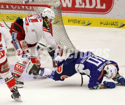 EBEL. Eishockey Bundesliga. EC VSV gegen KAC. Brock McBride, (VSV), Johannes Reichel  (KAC). Villach, am 18.1.2015.
Foto: Kuess 


---
pressefotos, pressefotografie, kuess, qs, qspictures, sport, bild, bilder, bilddatenbank