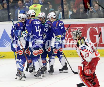 EBEL. Eishockey Bundesliga. EC VSV gegen KAC. Torjubel Darren Haydar, Eric Hunter, John Lammers, Mario Altmann, Klemen Pretnar, Pekka Tuokkola (VSV). Villach, am 18.1.2015.
Foto: Kuess 


---
pressefotos, pressefotografie, kuess, qs, qspictures, sport, bild, bilder, bilddatenbank