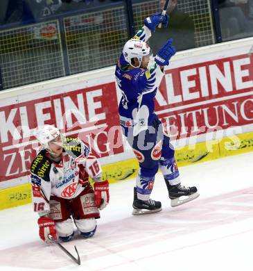 EBEL. Eishockey Bundesliga. EC VSV gegen KAC. Torjubel Jason Krog (VSV), Patrick HARAND (KAC). Villach, am 18.1.2015.
Foto: Kuess 


---
pressefotos, pressefotografie, kuess, qs, qspictures, sport, bild, bilder, bilddatenbank