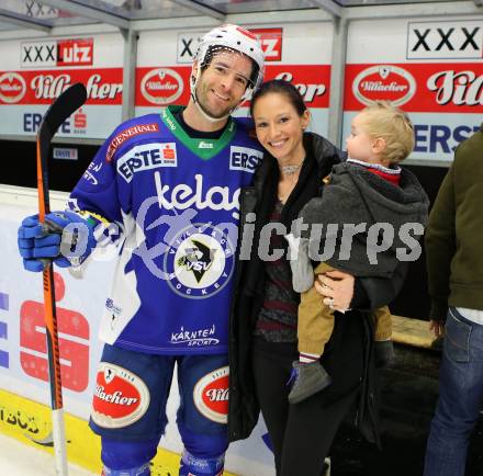 EBEL. Eishockey Bundesliga. EC VSV gegen KAC.  Darren Haydar, Sara, Sohn Liam Joseph  (VSV). Villach, am 18.1.2015.
Foto: Kuess 


---
pressefotos, pressefotografie, kuess, qs, qspictures, sport, bild, bilder, bilddatenbank