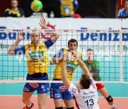 Volleyball. Champions League. SK Posojilnica Aich/Dob gegen VfB Friedrichshafen. Peter Wohlfahrtstaetter, Simeonov Alexander (Aich/Dob). Klagenfurt, 21.1.2015.
Foto: Kuess
---
pressefotos, pressefotografie, kuess, qs, qspictures, sport, bild, bilder, bilddatenbank