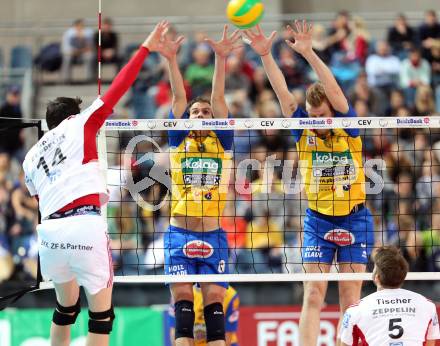 Volleyball. Champions League. SK Posojilnica Aich/Dob gegen VfB Friedrichshafen. Rok Satler, Peter Wohlfahrtstaetter (Aich/Dob). Klagenfurt, 21.1.2015.
Foto: Kuess
---
pressefotos, pressefotografie, kuess, qs, qspictures, sport, bild, bilder, bilddatenbank