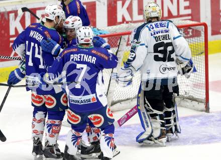 EBEL. Eishockey Bundesliga. EC VSV gegen EHC Liwest Black Wings Linz.  Torjubel Brock McBride, Geoff Waugh, Mark Santorelli, Klemen Pretnar (VSV). Villach, am 22.1.2015.
Foto: Kuess 


---
pressefotos, pressefotografie, kuess, qs, qspictures, sport, bild, bilder, bilddatenbank