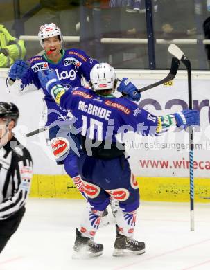 EBEL. Eishockey Bundesliga. EC VSV gegen EHC Liwest Black Wings Linz.  Torjubel John Lammers, Brock McBride (VSV). Villach, am 22.1.2015.
Foto: Kuess 


---
pressefotos, pressefotografie, kuess, qs, qspictures, sport, bild, bilder, bilddatenbank