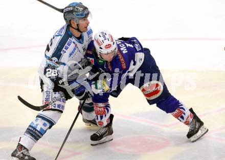 EBEL. Eishockey Bundesliga. EC VSV gegen EHC Liwest Black Wings Linz.  Brock McBride,  (VSV), Mike Ouellette (Linz). Villach, am 22.1.2015.
Foto: Kuess 


---
pressefotos, pressefotografie, kuess, qs, qspictures, sport, bild, bilder, bilddatenbank