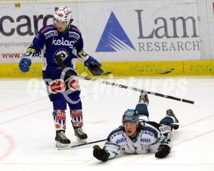 EBEL. Eishockey Bundesliga. EC VSV gegen EHC Liwest Black Wings Linz.  Brock McBride,  (VSV), Brian Lebler (Linz). Villach, am 22.1.2015.
Foto: Kuess 


---
pressefotos, pressefotografie, kuess, qs, qspictures, sport, bild, bilder, bilddatenbank