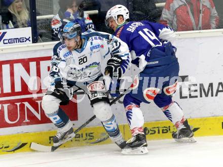 EBEL. Eishockey Bundesliga. EC VSV gegen EHC Liwest Black Wings Linz.  Stefan Bacher,  (VSV), Brad Moran (Linz). Villach, am 22.1.2015.
Foto: Kuess 


---
pressefotos, pressefotografie, kuess, qs, qspictures, sport, bild, bilder, bilddatenbank