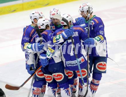 EBEL. Eishockey Bundesliga. EC VSV gegen EHC Liwest Black Wings Linz.  Torjubel Brock McBride, Mark Santorelli, Klemen Pretnar, Eric Hunter. Mario Altmann (VSV). Villach, am 22.1.2015.
Foto: Kuess 


---
pressefotos, pressefotografie, kuess, qs, qspictures, sport, bild, bilder, bilddatenbank