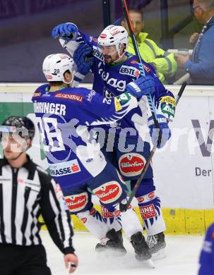 EBEL. Eishockey Bundesliga. EC VSV gegen EHC Liwest Black Wings Linz.  Torjubel Klemen Pretnar, Marius Goehringer (VSV). Villach, am 22.1.2015.
Foto: Kuess 


---
pressefotos, pressefotografie, kuess, qs, qspictures, sport, bild, bilder, bilddatenbank