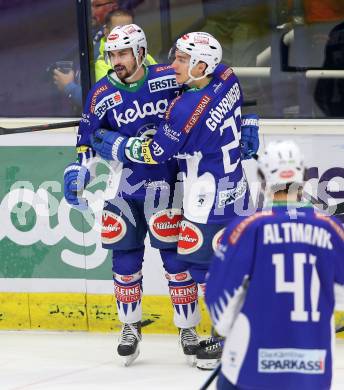 EBEL. Eishockey Bundesliga. EC VSV gegen EHC Liwest Black Wings Linz.  Torjubel Klemen Pretnar, Marius Goehringer (VSV). Villach, am 22.1.2015.
Foto: Kuess 


---
pressefotos, pressefotografie, kuess, qs, qspictures, sport, bild, bilder, bilddatenbank