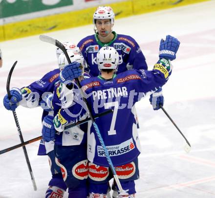 EBEL. Eishockey Bundesliga. EC VSV gegen EHC Liwest Black Wings Linz.  Torjubel Brock McBride, Mark Santorelli, Klemen Pretnar, Eric Hunter (VSV). Villach, am 22.1.2015.
Foto: Kuess 


---
pressefotos, pressefotografie, kuess, qs, qspictures, sport, bild, bilder, bilddatenbank