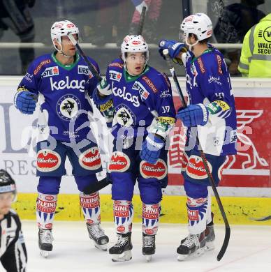 EBEL. Eishockey Bundesliga. EC VSV gegen EHC Liwest Black Wings Linz.  Torjubel John Lammers, Brock McBride, Mario Altmann (VSV). Villach, am 22.1.2015.
Foto: Kuess 


---
pressefotos, pressefotografie, kuess, qs, qspictures, sport, bild, bilder, bilddatenbank