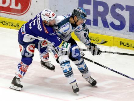 EBEL. Eishockey Bundesliga. EC VSV gegen EHC Liwest Black Wings Linz.  Gerhard Unterluggauer,  (VSV), Daniel Oberkofler (Linz). Villach, am 22.1.2015.
Foto: Kuess 


---
pressefotos, pressefotografie, kuess, qs, qspictures, sport, bild, bilder, bilddatenbank