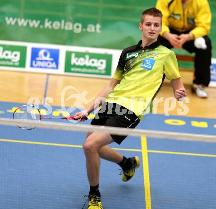 Badminton Bundesliga. ASKOE Kelag Kaernten gegen Pressbaum.  Leon Seiwald (Kaernten). Klagenfurt, am 24.1.2015.
Foto: Kuess
---
pressefotos, pressefotografie, kuess, qs, qspictures, sport, bild, bilder, bilddatenbank