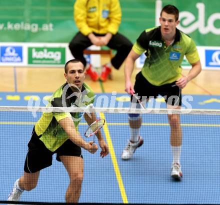 Badminton Bundesliga. ASKOE Kelag Kaernten gegen Pressbaum.  Krasimir Yankov, Paul Demmelmayer (Kaernten). Klagenfurt, am 24.1.2015.
Foto: Kuess
---
pressefotos, pressefotografie, kuess, qs, qspictures, sport, bild, bilder, bilddatenbank