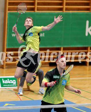 Badminton Bundesliga. ASKOE Kelag Kaernten gegen Pressbaum.  Leon Seiwald, Dominik Trojan (Kaernten). Klagenfurt, am 24.1.2015.
Foto: Kuess
---
pressefotos, pressefotografie, kuess, qs, qspictures, sport, bild, bilder, bilddatenbank