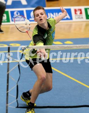 Badminton Bundesliga. ASKOE Kelag Kaernten gegen Pressbaum.  Leon Seiwald (Kaernten). Klagenfurt, am 24.1.2015.
Foto: Kuess
---
pressefotos, pressefotografie, kuess, qs, qspictures, sport, bild, bilder, bilddatenbank