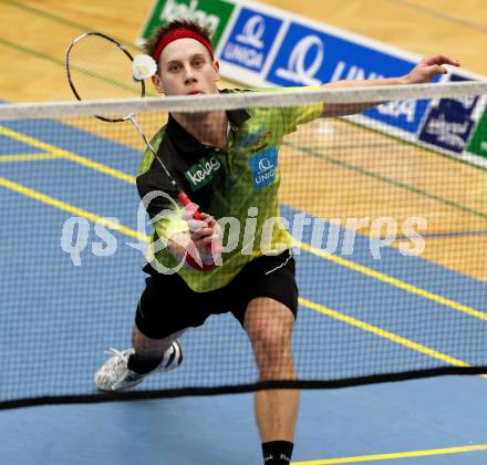 Badminton Bundesliga. ASKOE Kelag Kaernten gegen Pressbaum.  Dominik Trojan (Kaernten). Klagenfurt, am 24.1.2015.
Foto: Kuess
---
pressefotos, pressefotografie, kuess, qs, qspictures, sport, bild, bilder, bilddatenbank