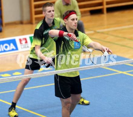 Badminton Bundesliga. ASKOE Kelag Kaernten gegen Pressbaum.  Dominik Trojan, Leon Seiwald (Kaernten). Klagenfurt, am 24.1.2015.
Foto: Kuess
---
pressefotos, pressefotografie, kuess, qs, qspictures, sport, bild, bilder, bilddatenbank