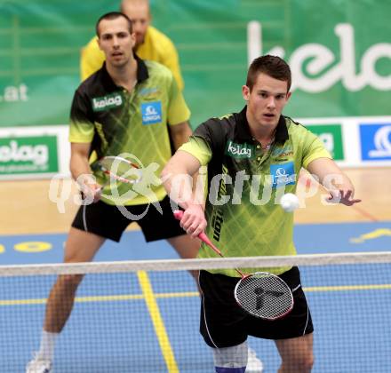 Badminton Bundesliga. ASKOE Kelag Kaernten gegen Pressbaum.  Paul Demmelmayer, Krasimir Yankov (Kaernten). Klagenfurt, am 24.1.2015.
Foto: Kuess
---
pressefotos, pressefotografie, kuess, qs, qspictures, sport, bild, bilder, bilddatenbank