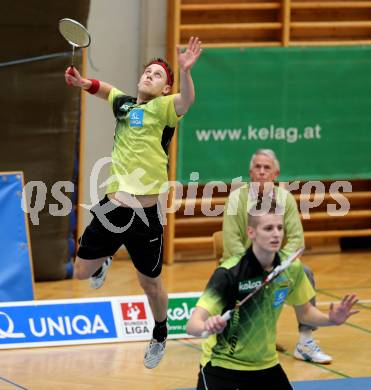 Badminton Bundesliga. ASKOE Kelag Kaernten gegen Pressbaum.  Dominik Trojan, Leon Seiwald (Kaernten). Klagenfurt, am 24.1.2015.
Foto: Kuess
---
pressefotos, pressefotografie, kuess, qs, qspictures, sport, bild, bilder, bilddatenbank