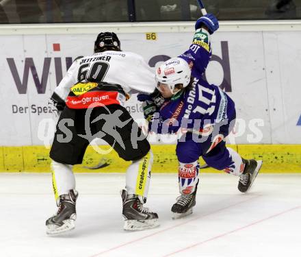 EBEL. Eishockey Bundesliga. EC VSV gegen Dornbirner Eishockey Club.  Brock McBride,  (VSV), Alexander Jetzinger (Dornbirn). Villach, am 25.1.2015.
Foto: Kuess 


---
pressefotos, pressefotografie, kuess, qs, qspictures, sport, bild, bilder, bilddatenbank